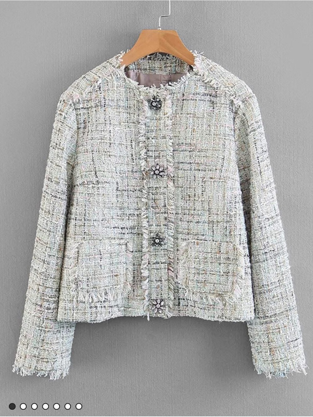 NWOT SHEIN Cream Tweed Fringe-Trim Blazer with Decorative Buttons